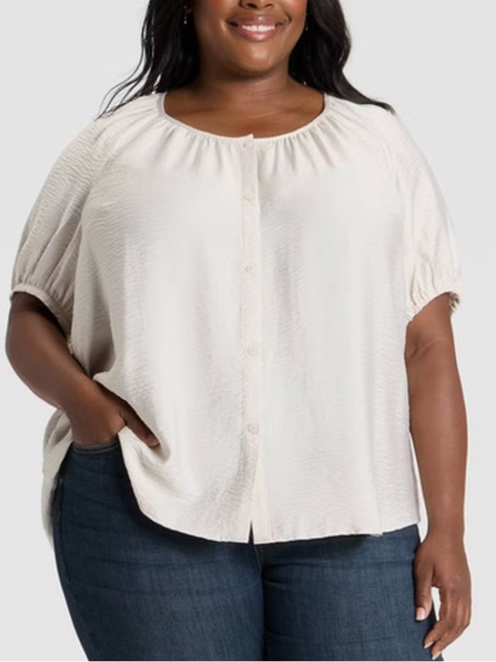 Ava &‎ Viv Women's Puff Elbow Sleeve Button Front Top Cream 1X